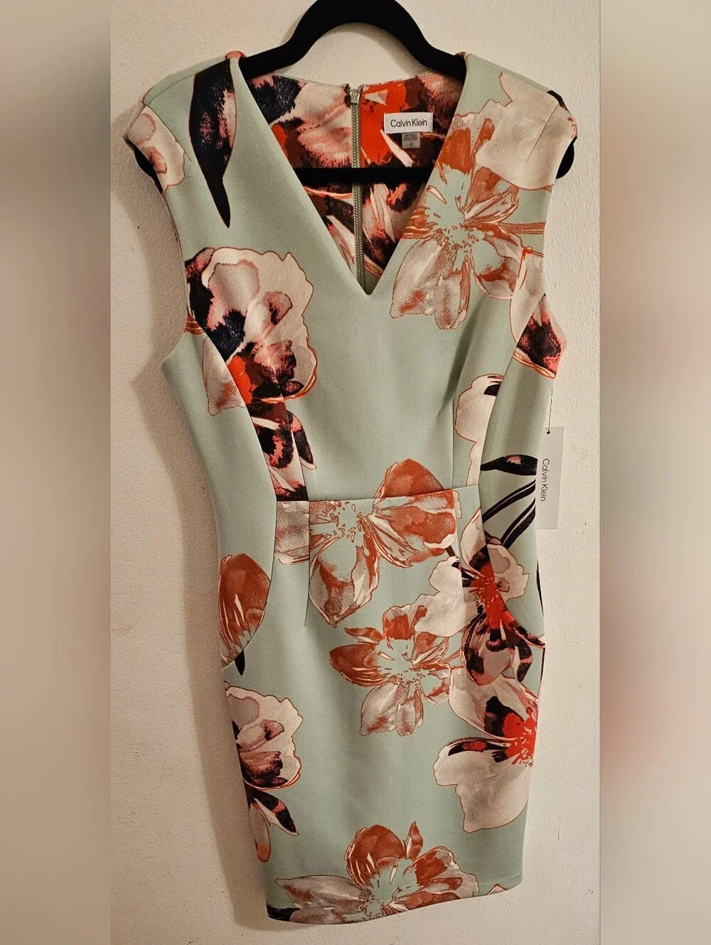 Calvin Klein Mint Green Floral Midi Sheath Dress with Coral Accents